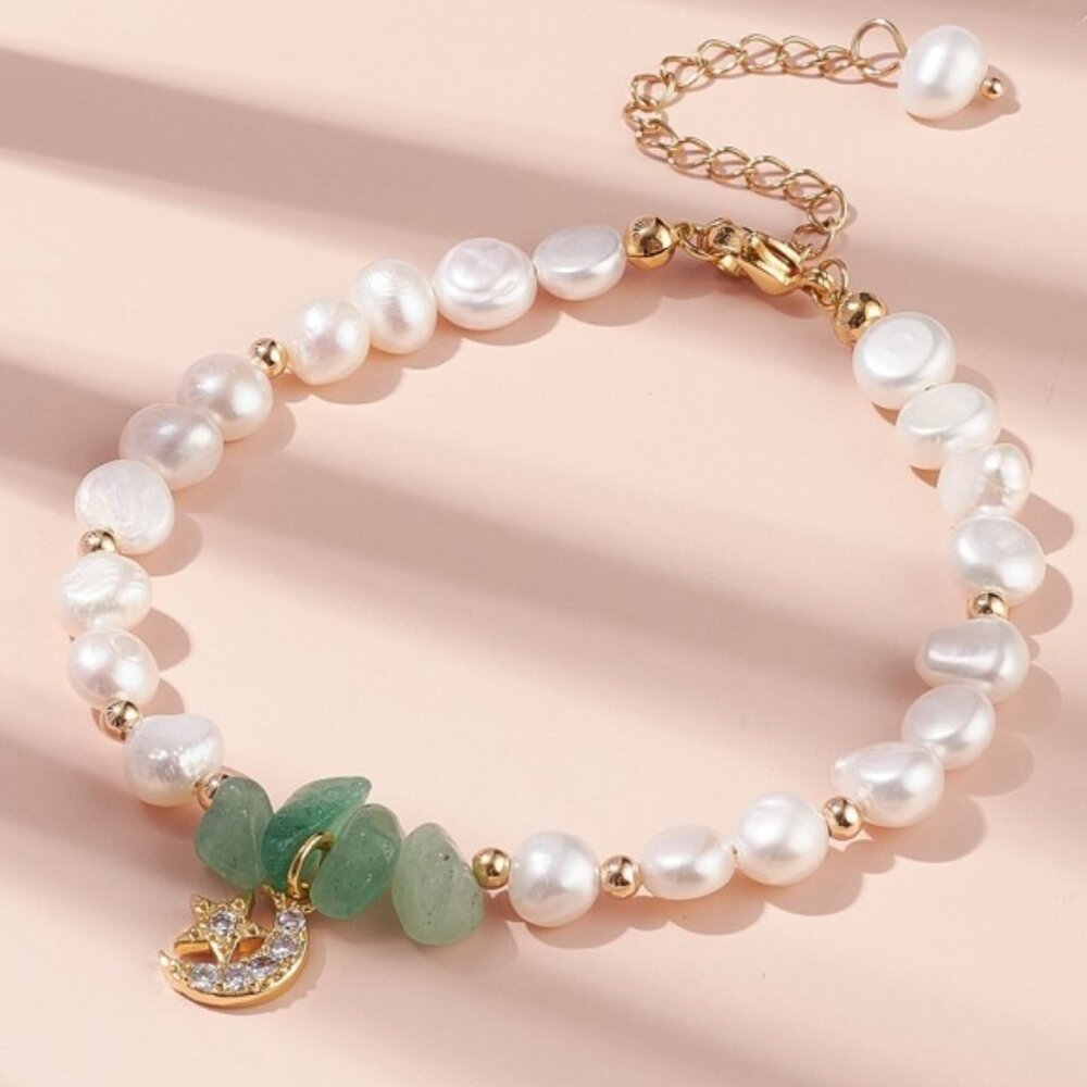 Natural Green Aventurine Gem & REAL Pearl Beaded Bracelet, CZ Moon star Charm
